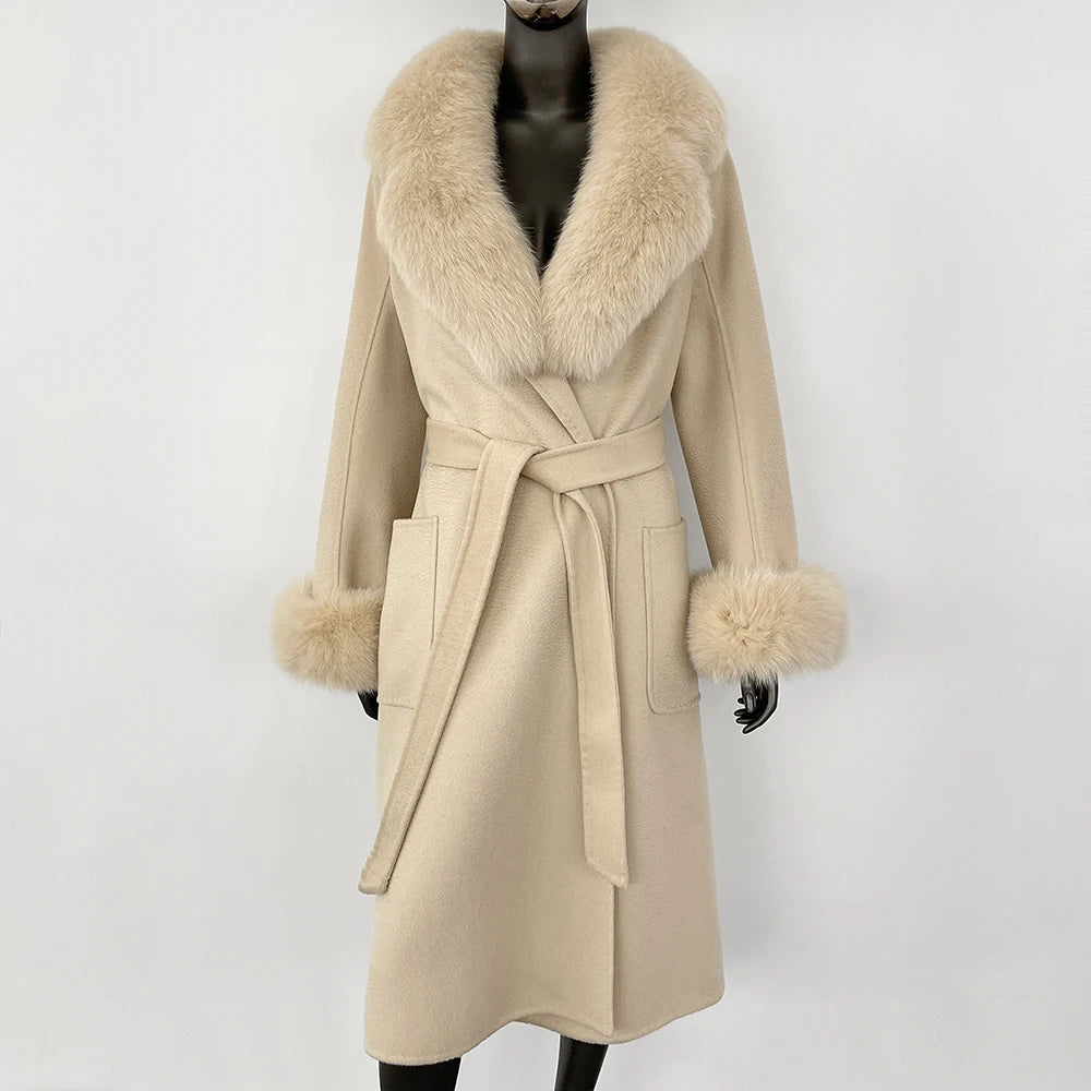 100% Wool Water-Corrugated Woolen Coat with Detachable Fox Fur Collar Women Daily Casual Wear 2024 Autumn Winter Original Design