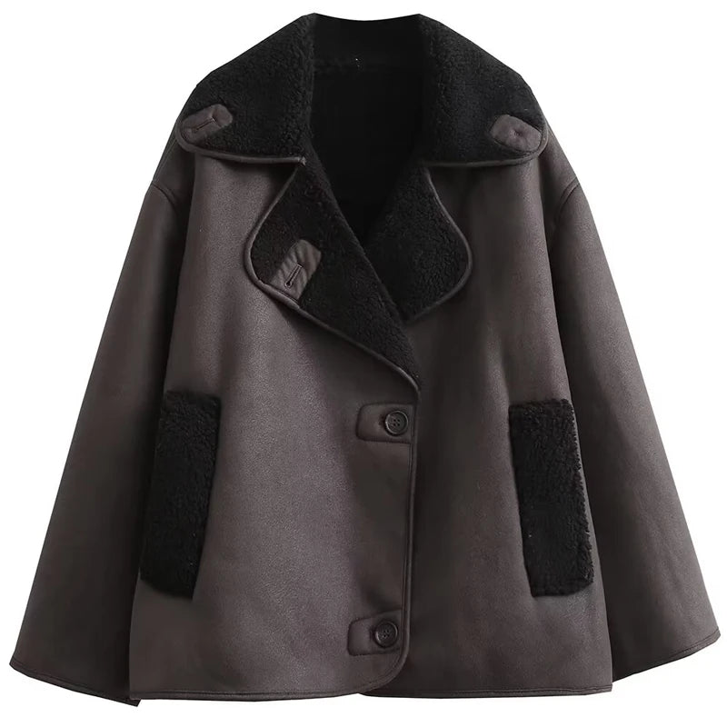 HXAO Women's Jackets Winter Coat Female Leather Faux Fur Coat Button Crop Outerwears Windbreak Waterproof Brown Long Sleeve Tops