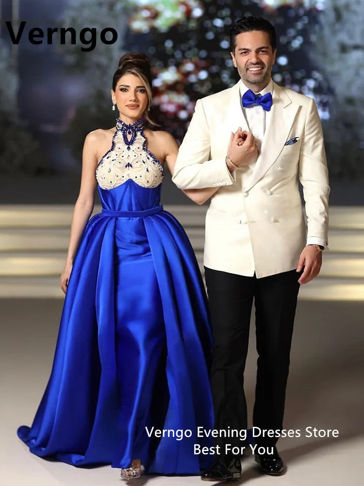 Verngo Blue Beading Lace Wedding Party Dress Women Halter Sleeveless Long Evening Dress Formal Dress Dubai Prom Gown Customized