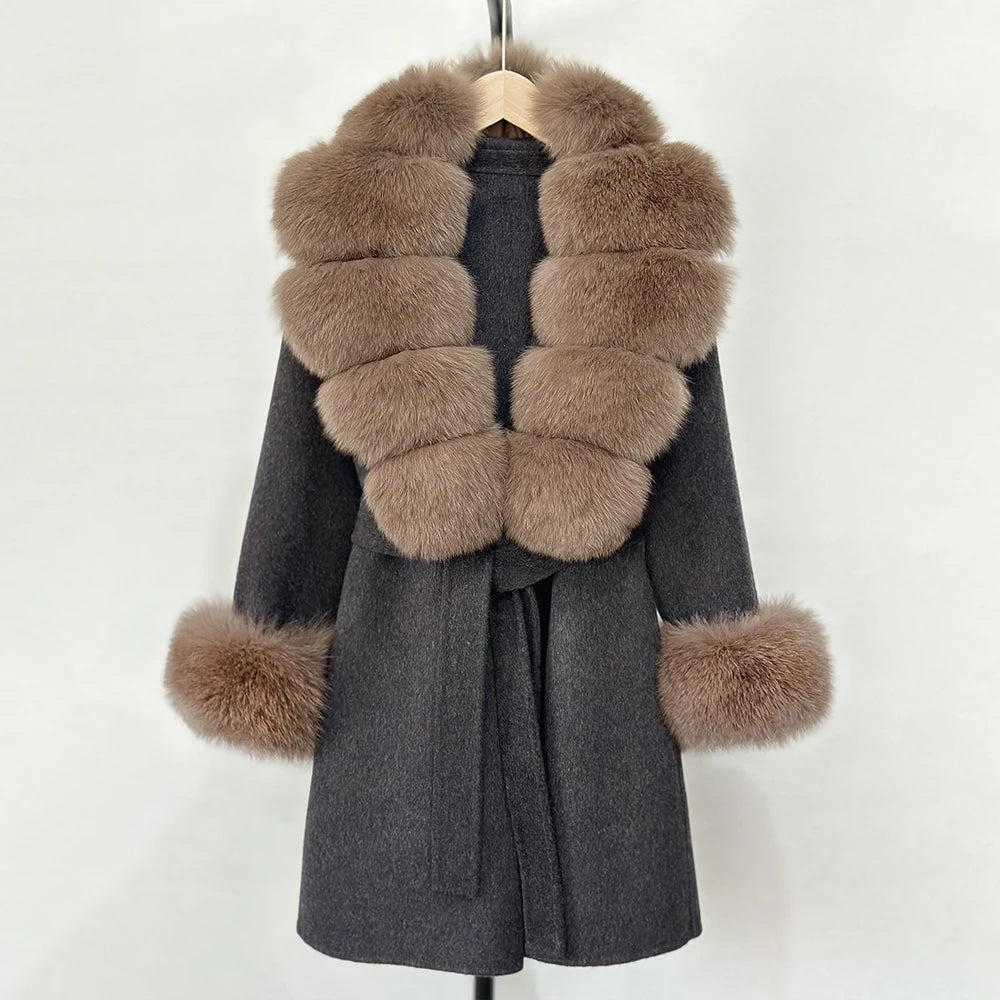 Elegant Woolen Jacket Autumn Winter Wool Coat Women Real Fox Fur Collar Single Breasted Wool Blends Jacket Natural Raccoon Fur