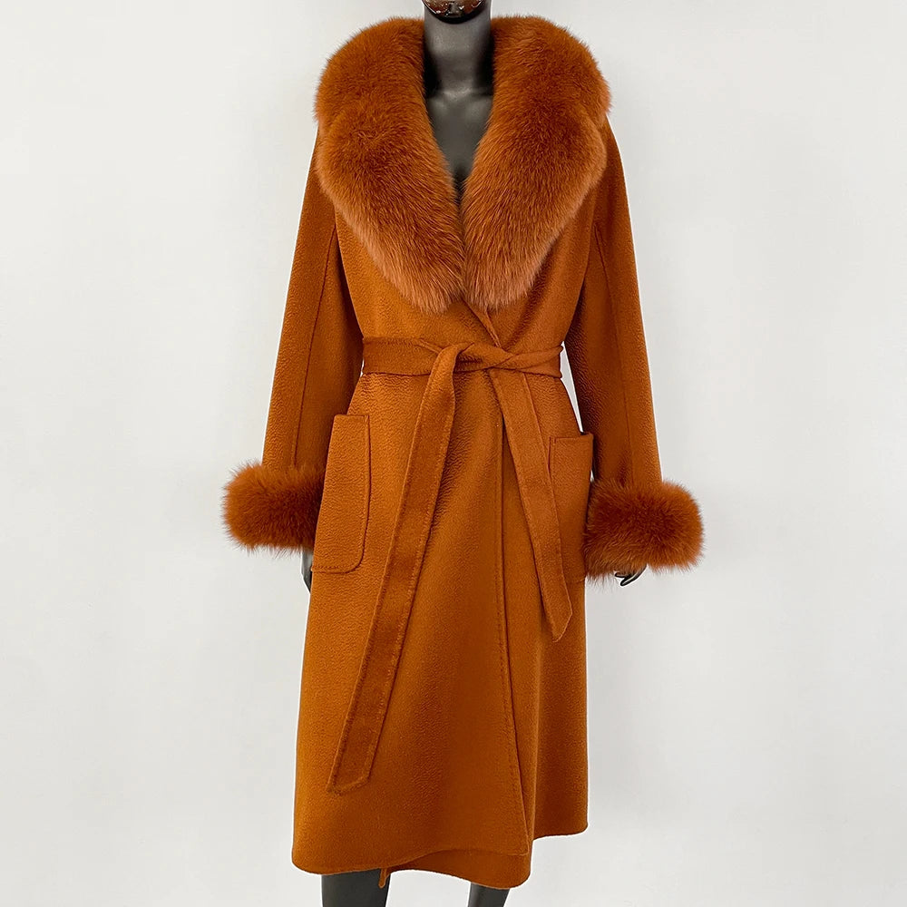 100% Wool Water-Corrugated Woolen Coat with Detachable Fox Fur Collar Women Daily Casual Wear 2024 Autumn Winter Original Design