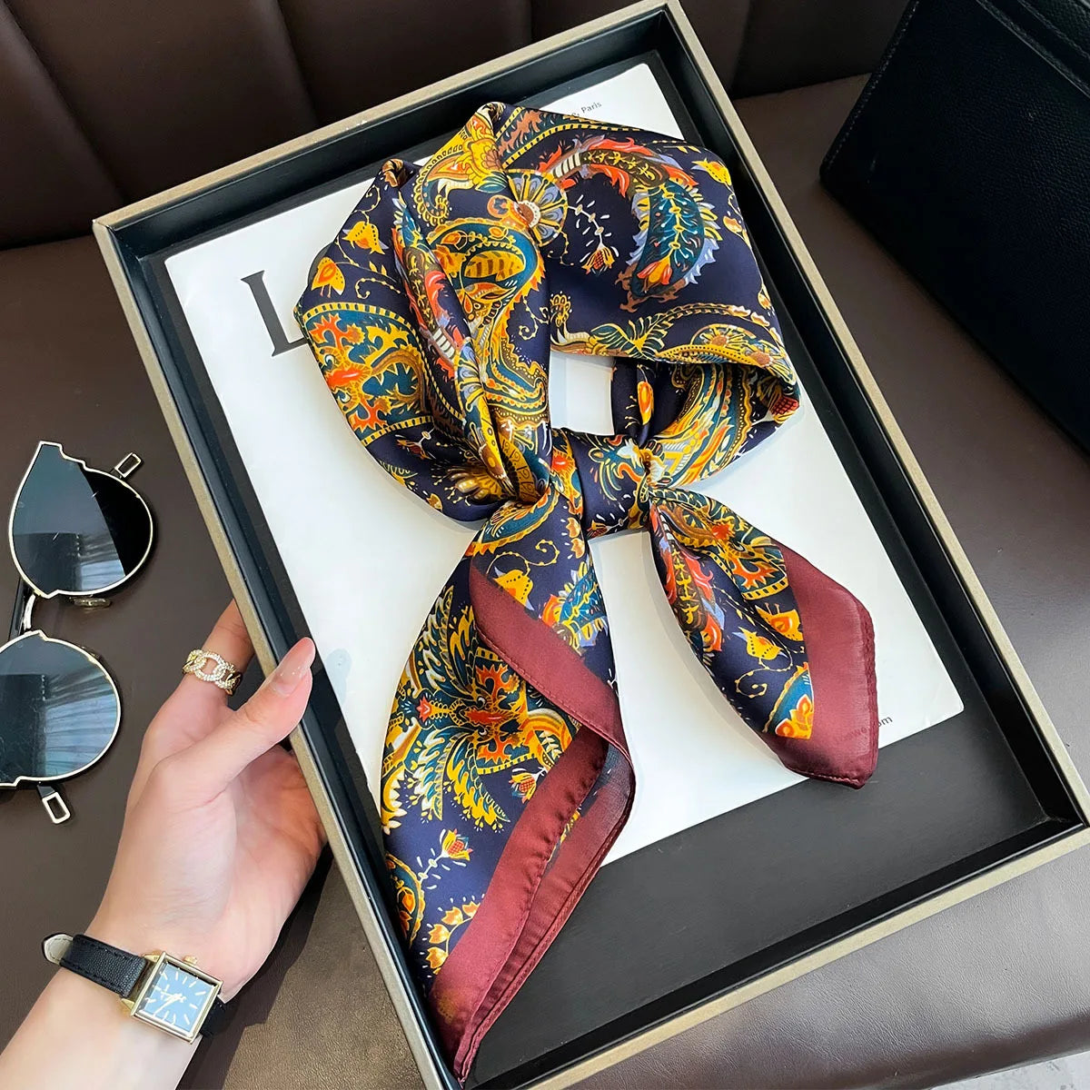 Luxury Design Print Silk Square Scarf Women Soft Satin Horse Hairband Neckerchief Office Hijab Headband Foulard Bag Ribbons Gift