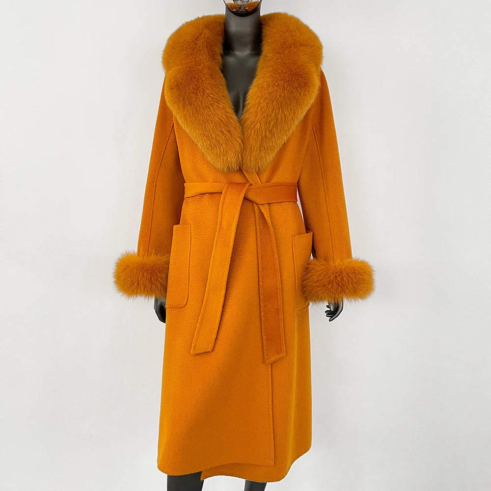 100% Wool Water-Corrugated Woolen Coat with Detachable Fox Fur Collar Women Daily Casual Wear 2024 Autumn Winter Original Design