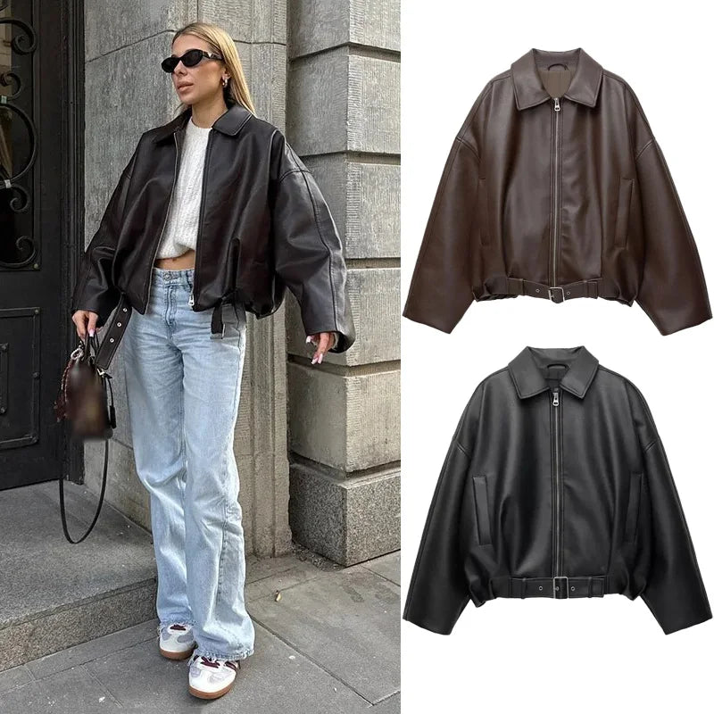 Vintage PU Leather Bomber Jackets 2025 Autumn New Ladies Zipper Lapel Long Sleeve Pocket Coat With Belt Women's Loose Streetwear