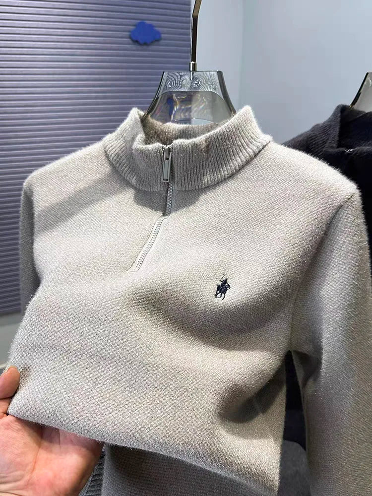 High end half zipper stand up collar knitted sweater men winter new thick warmth fashion designer brand pony embroidery pullover