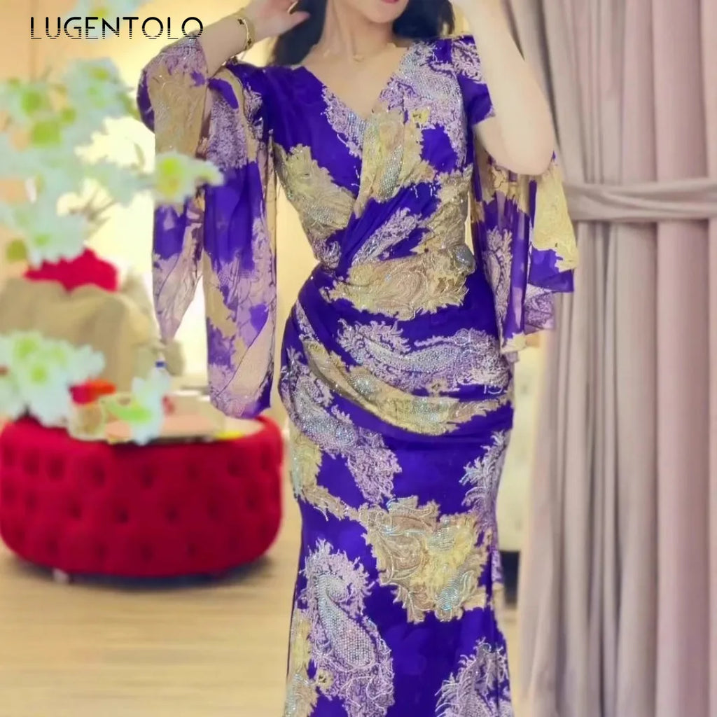 Women Chiffon Sexy Dress Big Swing Print Banquet Long Sleeve V-neck Slim Lady Elegant Cocktail Party Empire New Clothing