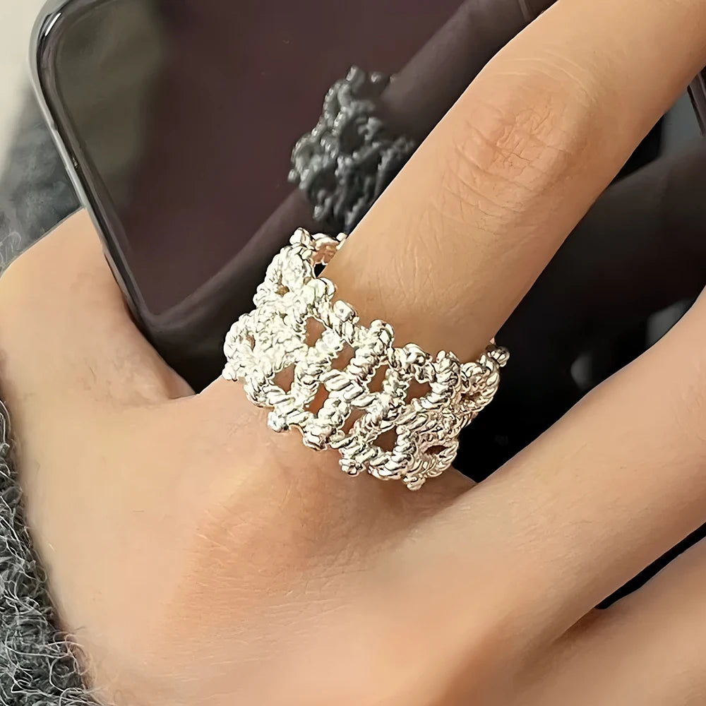 VENTFILLE 925 Sterling Silver Flower Lace Ring Korean Fashion Opening Inlaid CZ Adjustable Rings Valentine's Day Gift