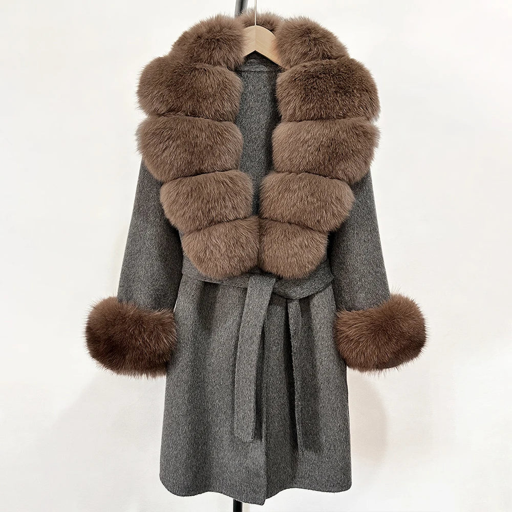 Elegant Woolen Jacket Autumn Winter Wool Coat Women Real Fox Fur Collar Single Breasted Wool Blends Jacket Natural Raccoon Fur