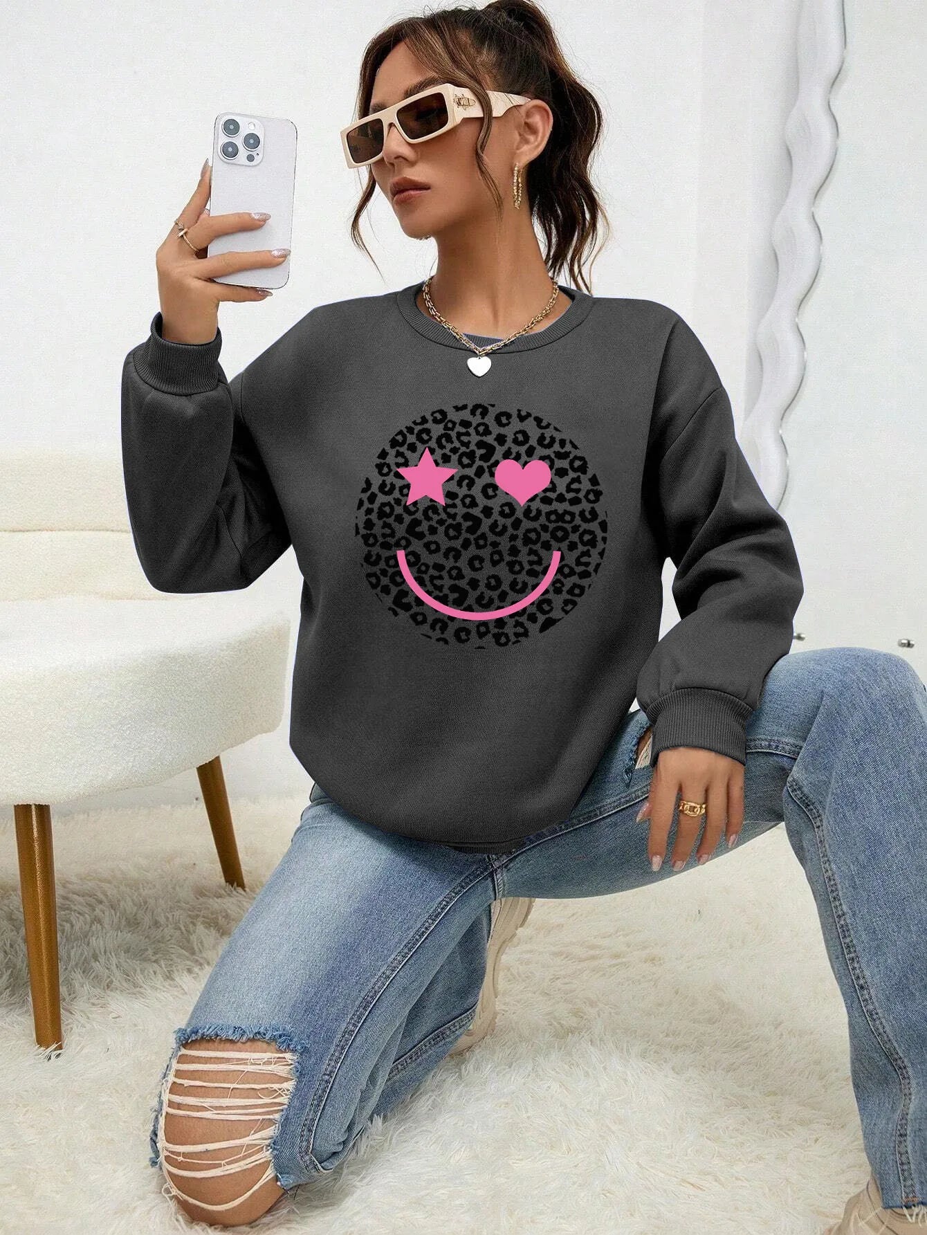 Leopard Print Happy Face Love  Printed Sweatshirt Womens Autumn Soft Hoody Fleece Warm Hoodies Street All-Match Female Pullover