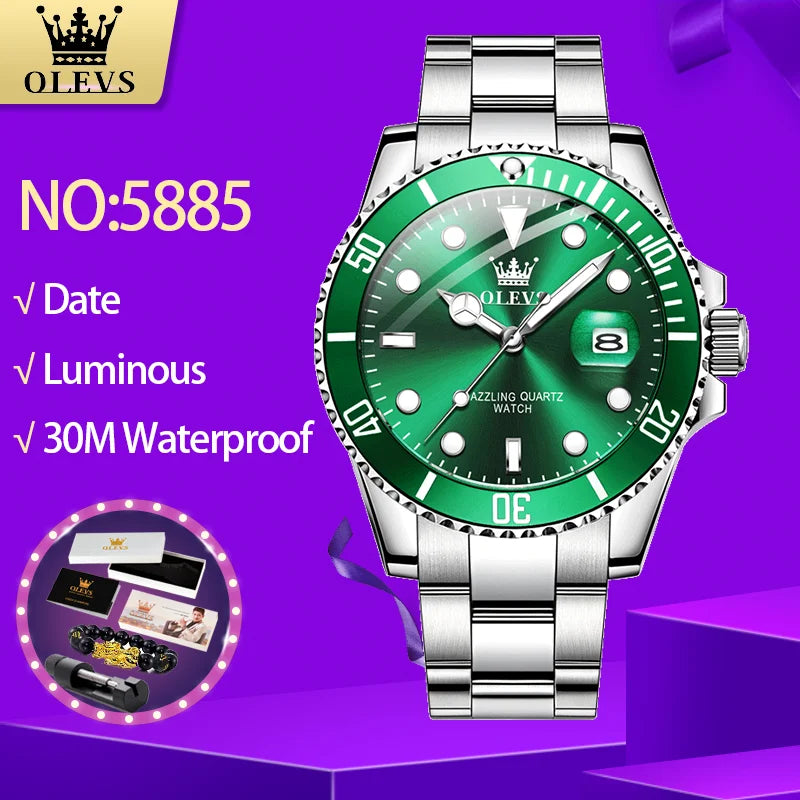 OLEVS 5885 Men's Watches Business Stainless Steel Strap Green Quartz Watch Waterproof Calendar Luminous High Quality Wristwatch