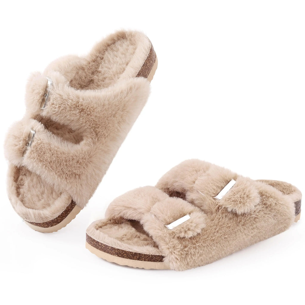 Litfun Winter Women's Fluffy Cork Slippers Comfy Arch Support Fuzzy Slippers Open Toe Plush House Slides With Adjustable Buckle