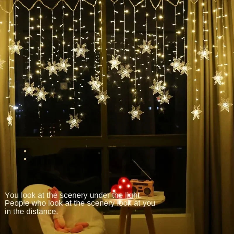 3.2M Christmas Snowflake Curtain Lights - LED Flashing Fairy String Lights, Waterproof for Holiday Party Wedding Xmas Tree Decor