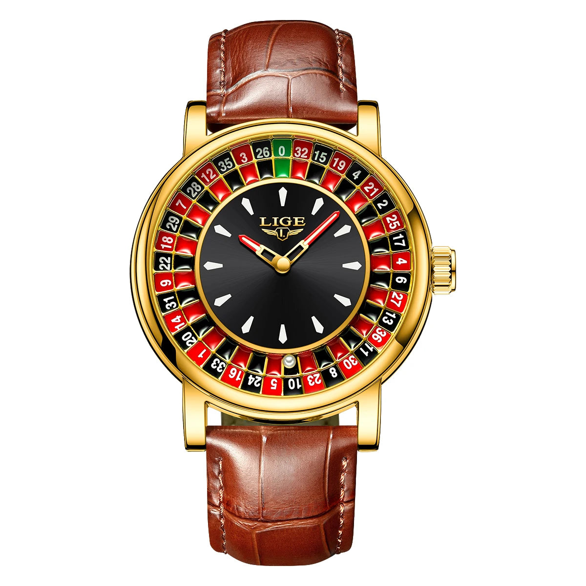 LIGE Fashion Brown Leather Men Watch Rotating Dial Las Vegas Roulette Desktop Theme Watch Men Waterproof Luminous Clock Watches