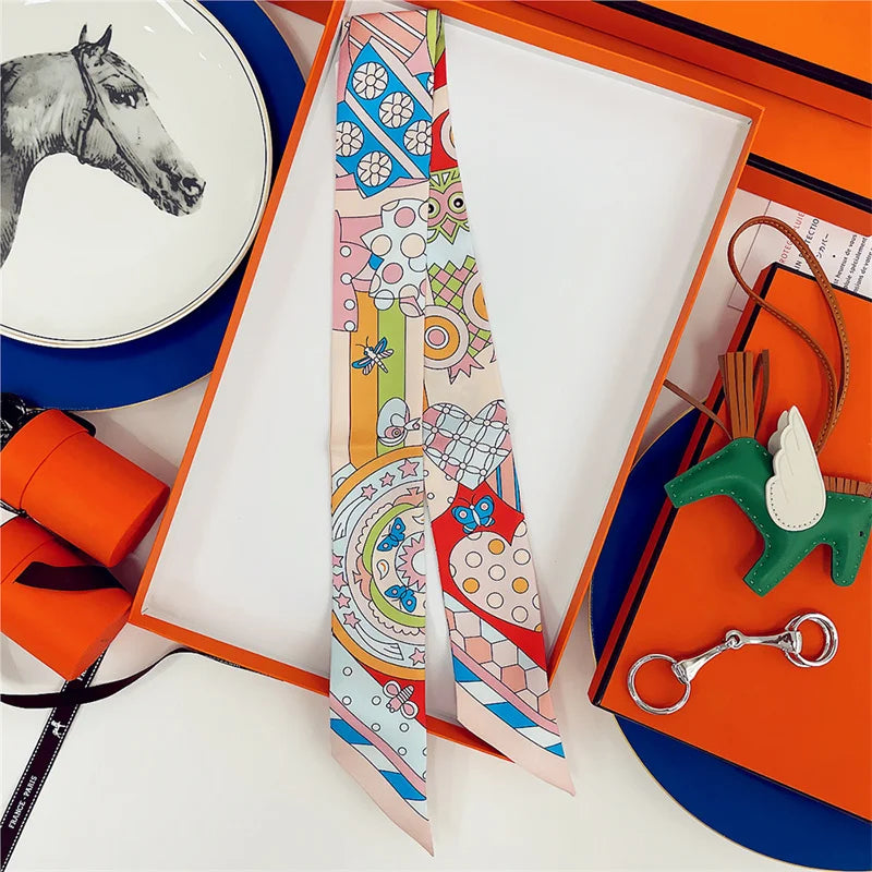 100% Silk High Quality Luxury Brand Scarf Women Headband Hair Band Foulard Tie Ribbon Neckerchief Skinny Scarves Accessories