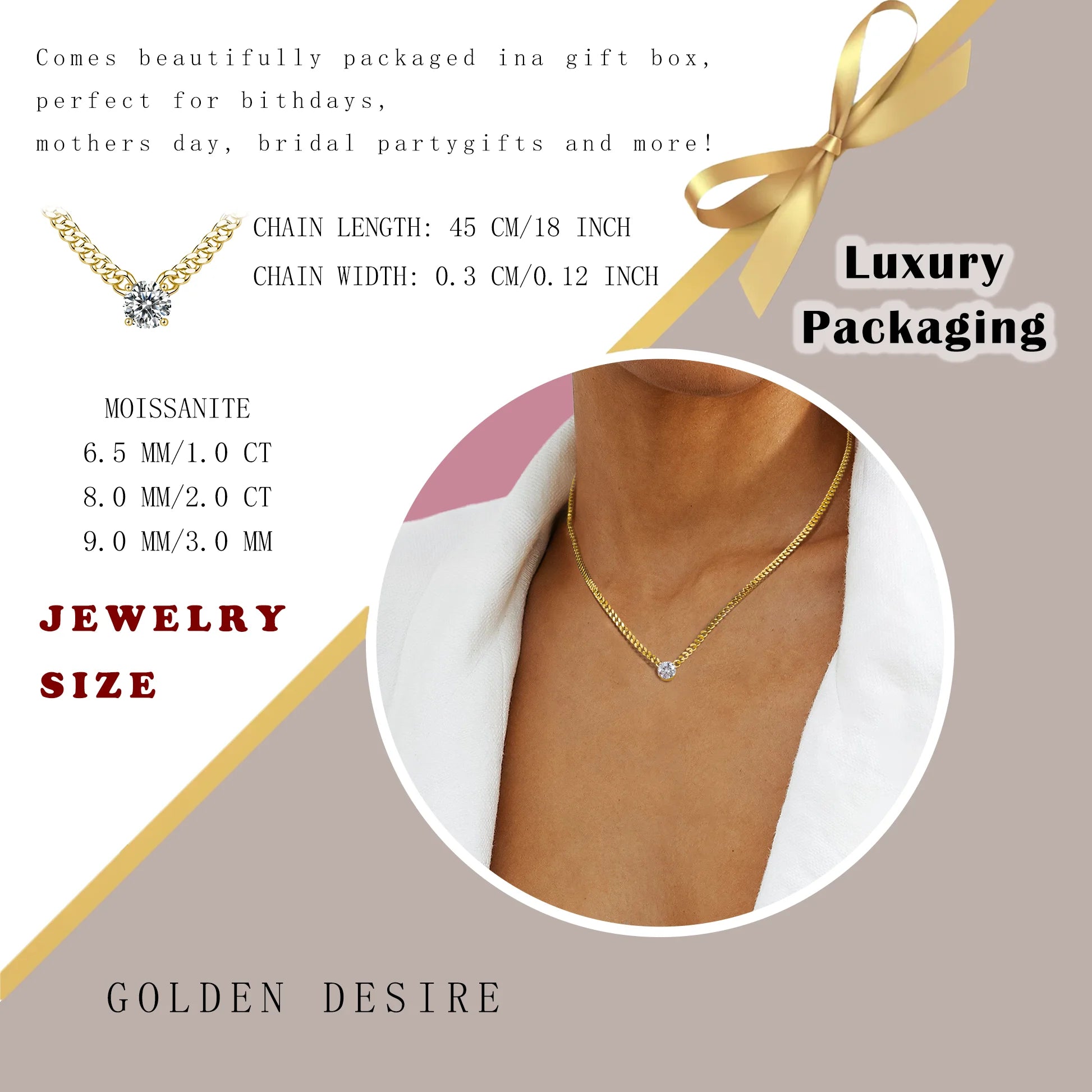 Mila jewelry 1ct 2ct 3ct Moissanite Cuban Chain Pendant Necklace - Elegant Design in 18K Gold Plated S925 Sterling Silver for Women