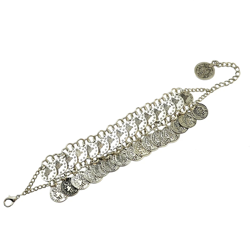 Vintage silver coin bracelet for women, featuring a boho beach, Turkish, ethnic, tribal, elegant design; vintage Tibetan bangles; Indian jewelry.