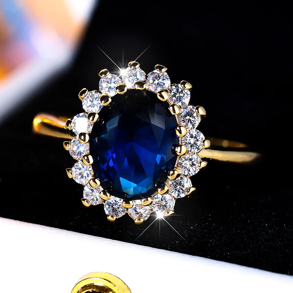 Mila Jewelry Ring, oval blue crystal with zircon stone, vintage yellow and gold