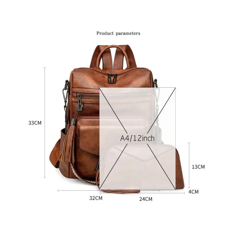 2025 new women's pu leather waterproof anti-theft fashion tassel two-color large travel college backpack wallet shoulder bag