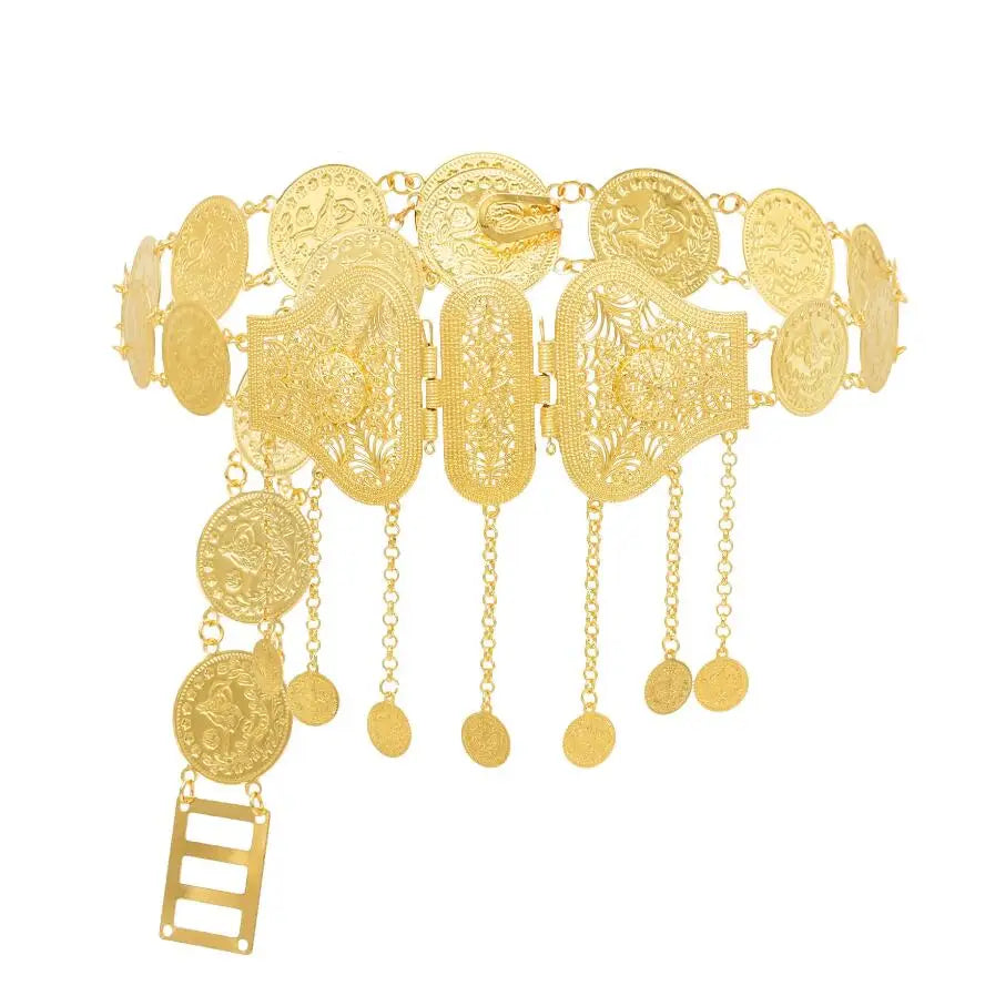 Golden Metal Coin Long Chain Belts for Women India Belly Dance Morocan Afghan Turkish Kurdistan National Dress Waistband Jewelry