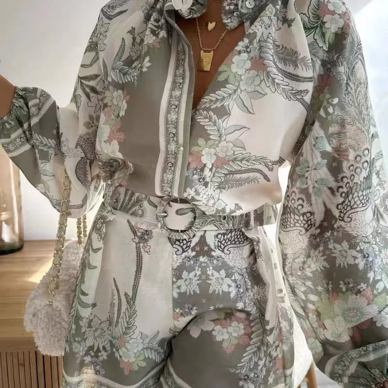 Casual Print Tops Shorts Sets Women's Loose Stand Collar Lantern Sleeve Top High Waist Short Pant 2025 Summer Lady Vacation Suit