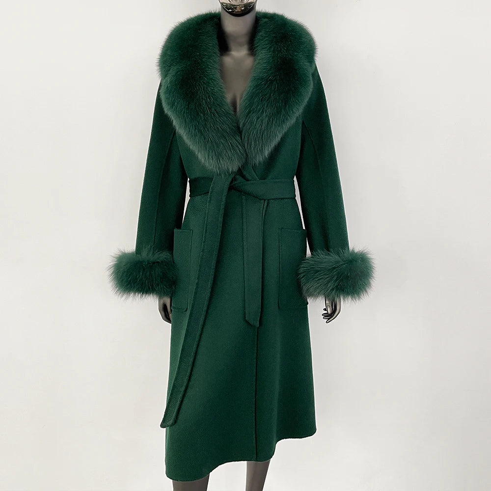 100% Wool Water-Corrugated Woolen Coat with Detachable Fox Fur Collar Women Daily Casual Wear 2024 Autumn Winter Original Design