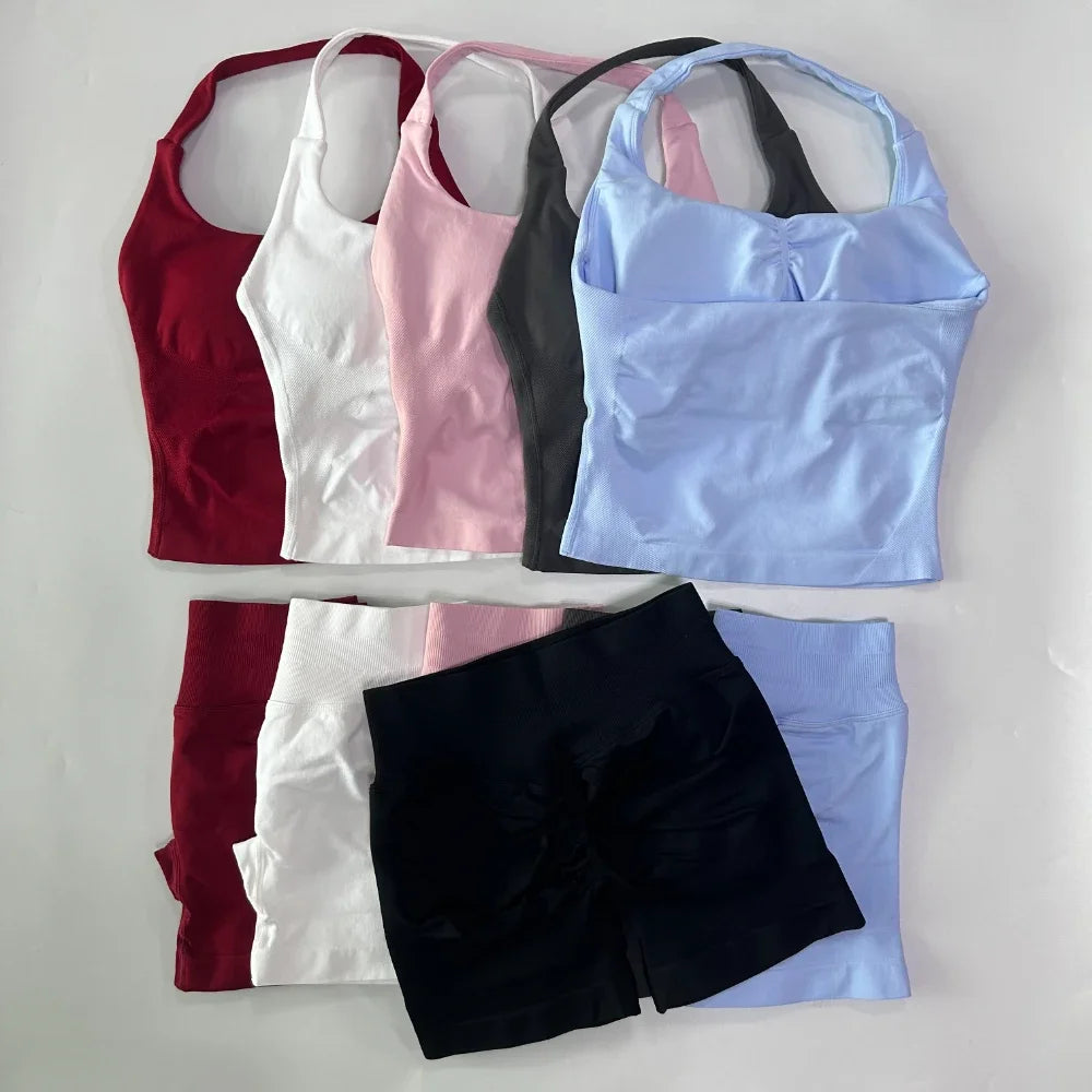 2 Pieces Sports Set Women Backless Halter Tops High Waist Seamless Hight Stretch Shorts Gym Suit Sportswear Workout Sets