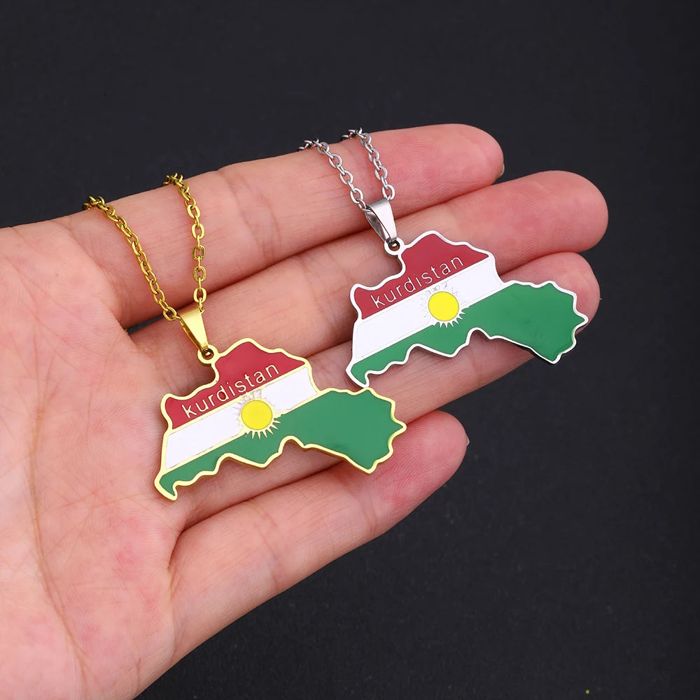 Kurdistan Map Flag Pendant Necklace Stainless Steel Gold Silver Color Men Women Country Map Jewelry Gift