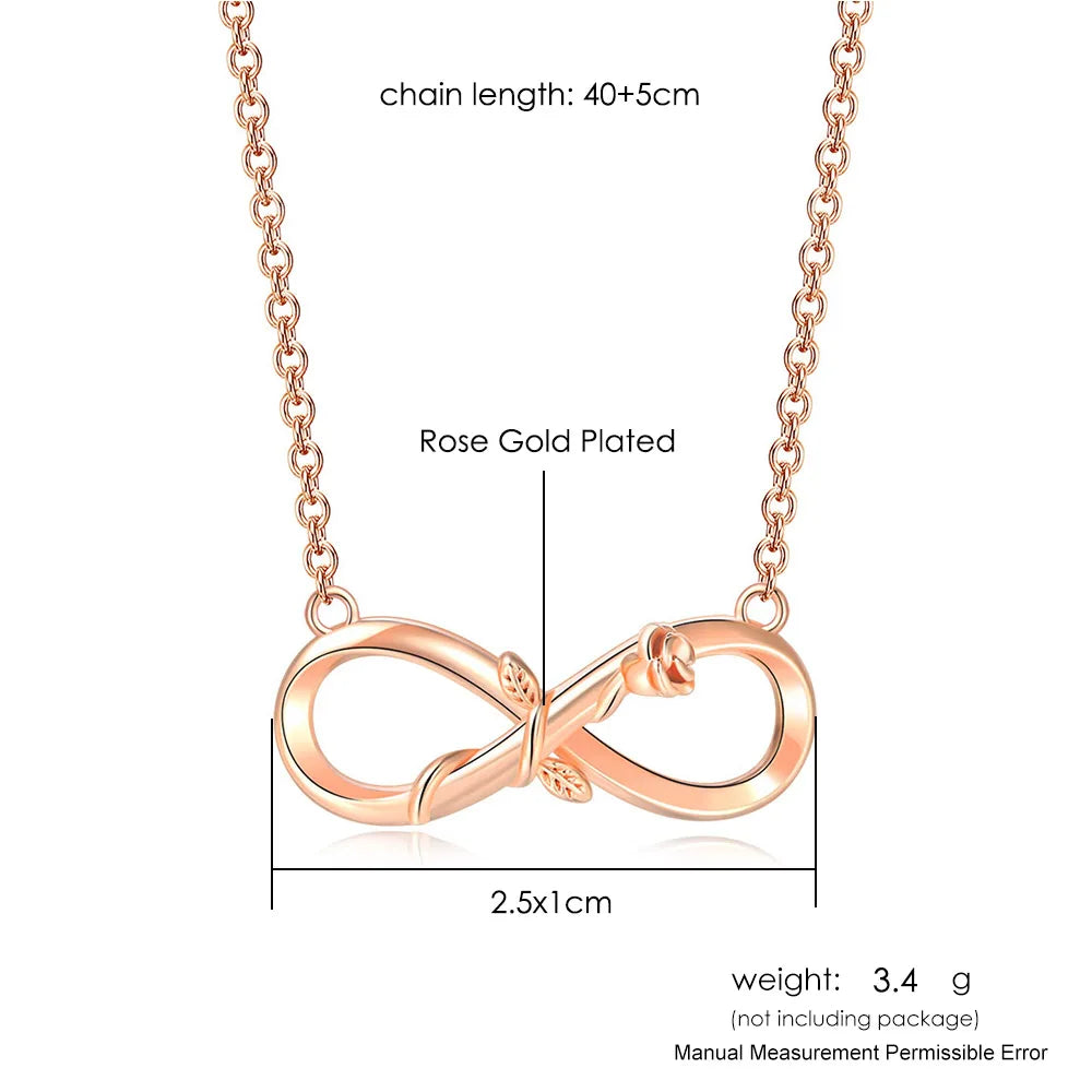 Infinite Mobius Rose Charm Pendant Necklaces For Women Christmas Gift Rose Gold  Color Plated Heart Flower Chain Jewelry N244