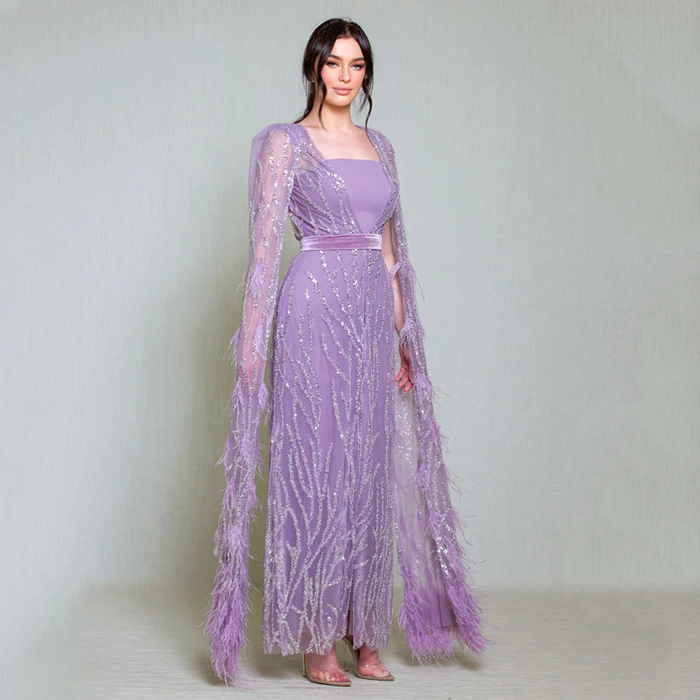 Lilac Evening Party Dresses Customized Feathers Jacket New Arrival Strapless Velour Belt Ankle Length Prom Gown Robe De Soiree