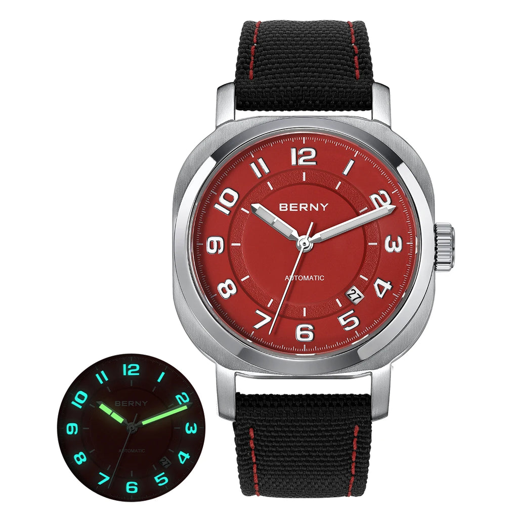 BERNY Mechanical Watch for Women Self-wind Pillow Cushion Sapphire Super Luminous Wristwatch Canvas Calendar Watch for Ladies