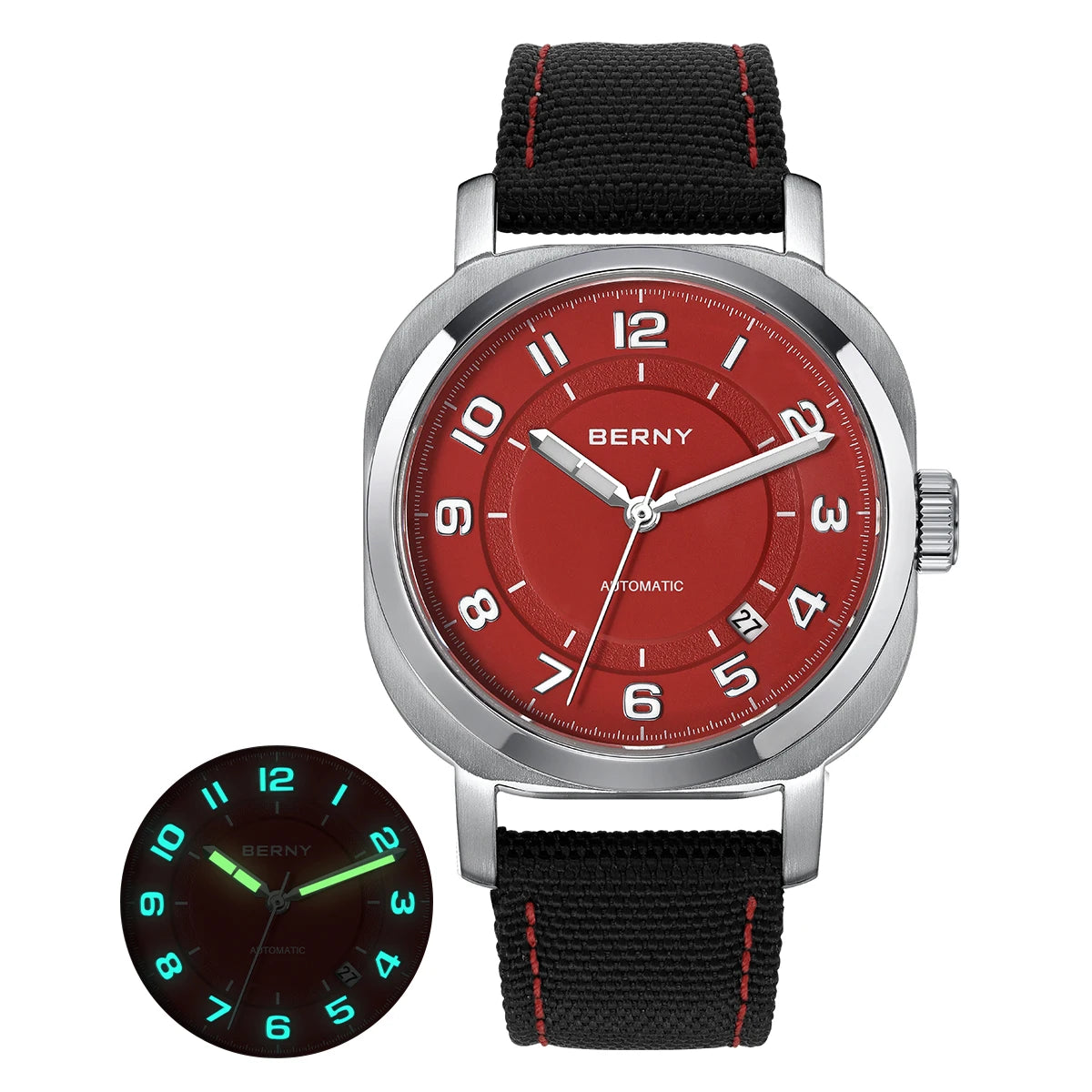 BERNY Mechanical Watch for Women Self-wind Pillow Cushion Sapphire Super Luminous Wristwatch Canvas Calendar Watch for Ladies