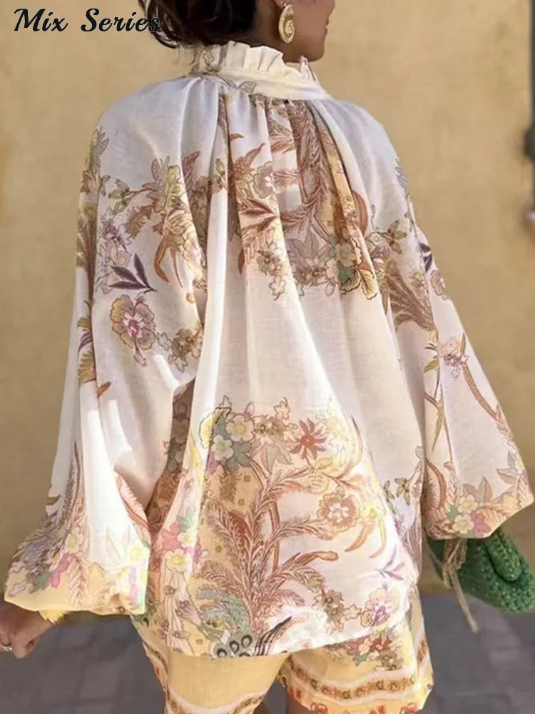 Casual Print Tops Shorts Sets Women's Loose Stand Collar Lantern Sleeve Top High Waist Short Pant 2025 Summer Lady Vacation Suit