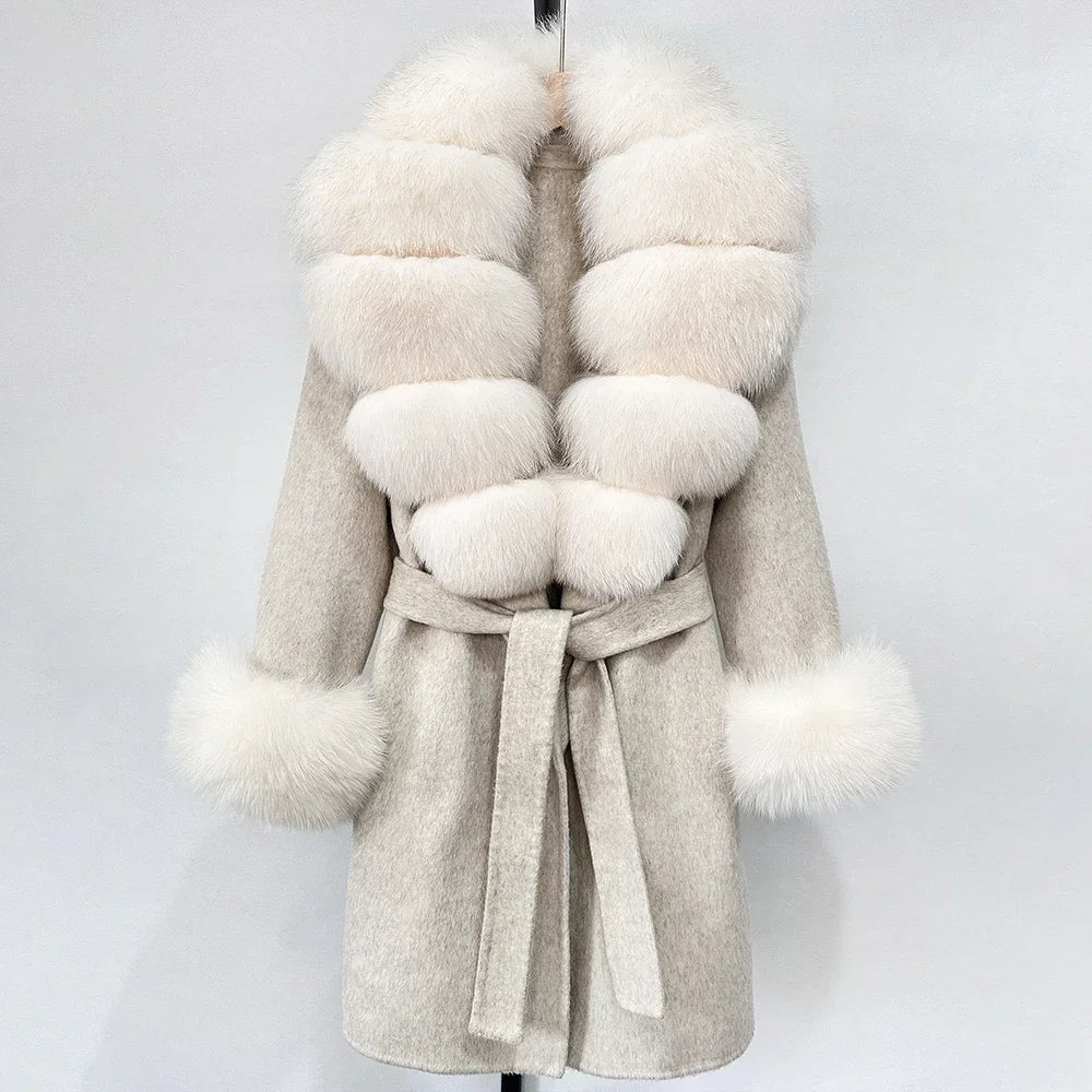 Elegant Woolen Jacket Autumn Winter Wool Coat Women Real Fox Fur Collar Single Breasted Wool Blends Jacket Natural Raccoon Fur
