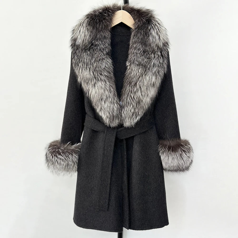 Elegant Woolen Jacket Autumn Winter Wool Coat Women Real Fox Fur Collar Single Breasted Wool Blends Jacket Natural Raccoon Fur