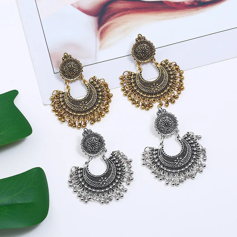 Indian Jhumka Earrings, Vintage Ethnic Jewelry, Silver Color, Carved Beaded Tassel Earrings