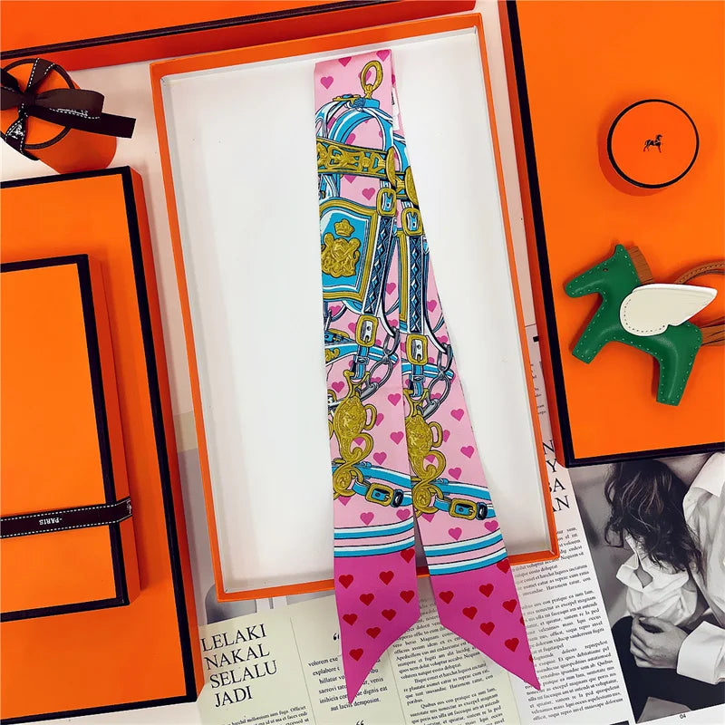 100% Silk High Quality Luxury Brand Scarf Women Headband Hair Band Foulard Tie Ribbon Neckerchief Skinny Scarves Accessories