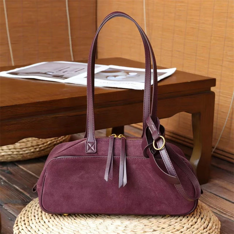 Toptrends Suede Cow Genuine Leather Underarm Shoulder Bags For Women New 2025 Luxury Designer Bowling Totes Work Ladies Handbags