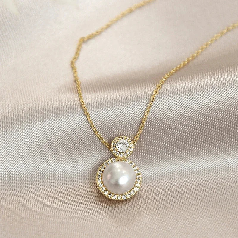 Huitan Aesthetic Imitation Pearl Pendant Necklace with Shiny CZ Trendy Graceful Accessories for Women Chic Engagement Jewelry