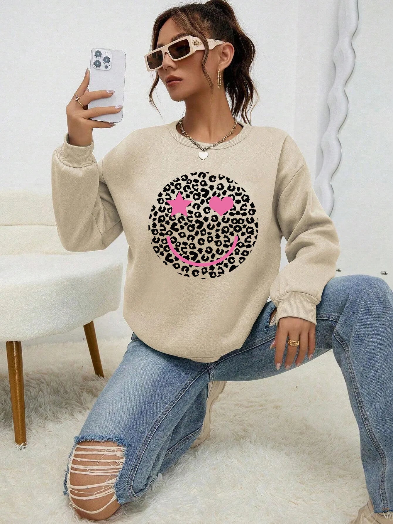 Leopard Print Happy Face Love  Printed Sweatshirt Womens Autumn Soft Hoody Fleece Warm Hoodies Street All-Match Female Pullover