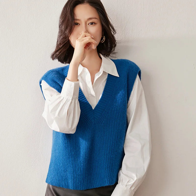 2025 New Solid Color 100% Pure Cashmere Vest for Women Loose V-Neck Cashmere Vest Thickened Sweater for Outerwear