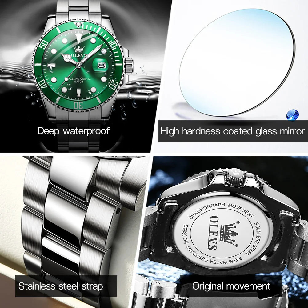 OLEVS 5885 Men's Watches Business Stainless Steel Strap Green Quartz Watch Waterproof Calendar Luminous High Quality Wristwatch