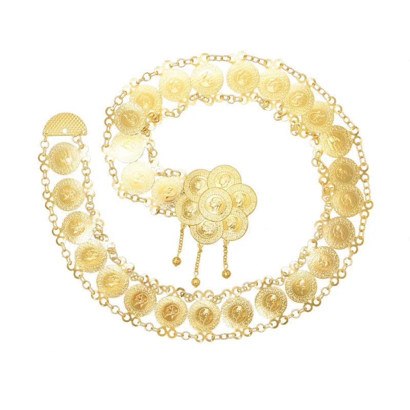 Golden Coins Metal Belts India Belly Dance Moroccan Waist Chain Afghan Turkish Kurdistan National Dress Body Jewelry for Women