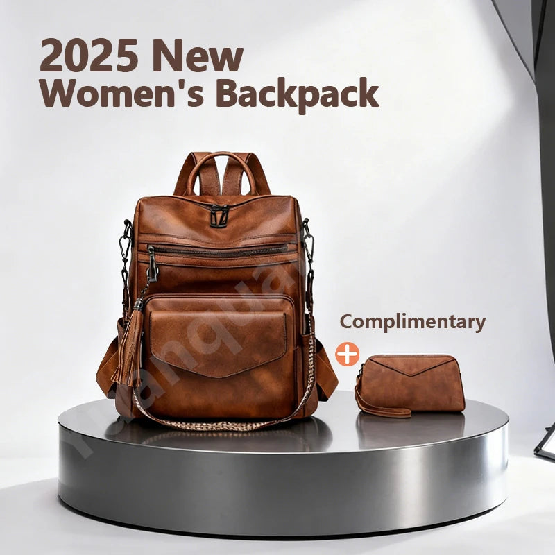 2025 new women's pu leather waterproof anti-theft fashion tassel two-color large travel college backpack wallet shoulder bag