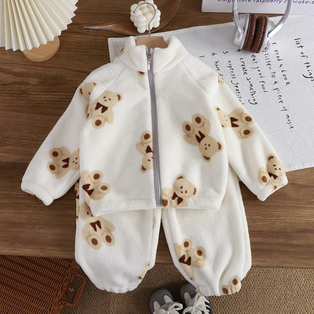 Baby Boy Girl Plush Fleece Tracksuit Sets 1-8Y Thickened Warm Cartoon Print Zipper Jacket Pants 2Pcs Kids Autumn Winter Outfit