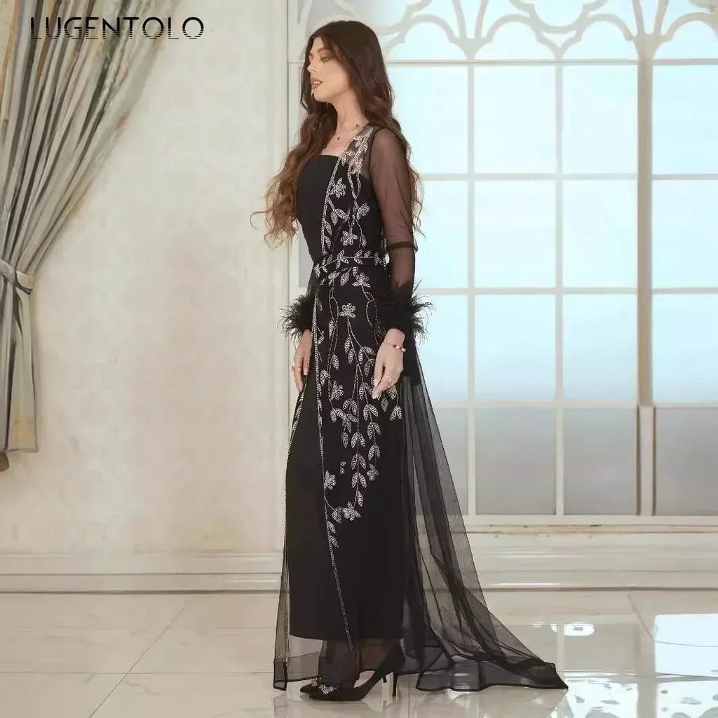 Women Hot Diamond Caftan Robe Dress Set Elegant Party High Quality Mesh Sexy Perspective Long Sleeve Lady Lace-up Banquet Cloth