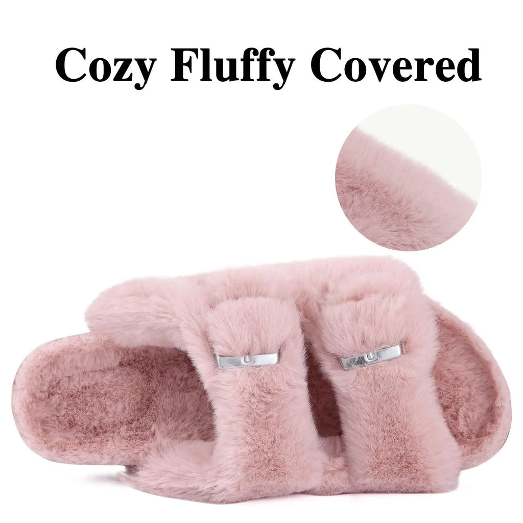 Litfun Winter Women's Fluffy Cork Slippers Comfy Arch Support Fuzzy Slippers Open Toe Plush House Slides With Adjustable Buckle