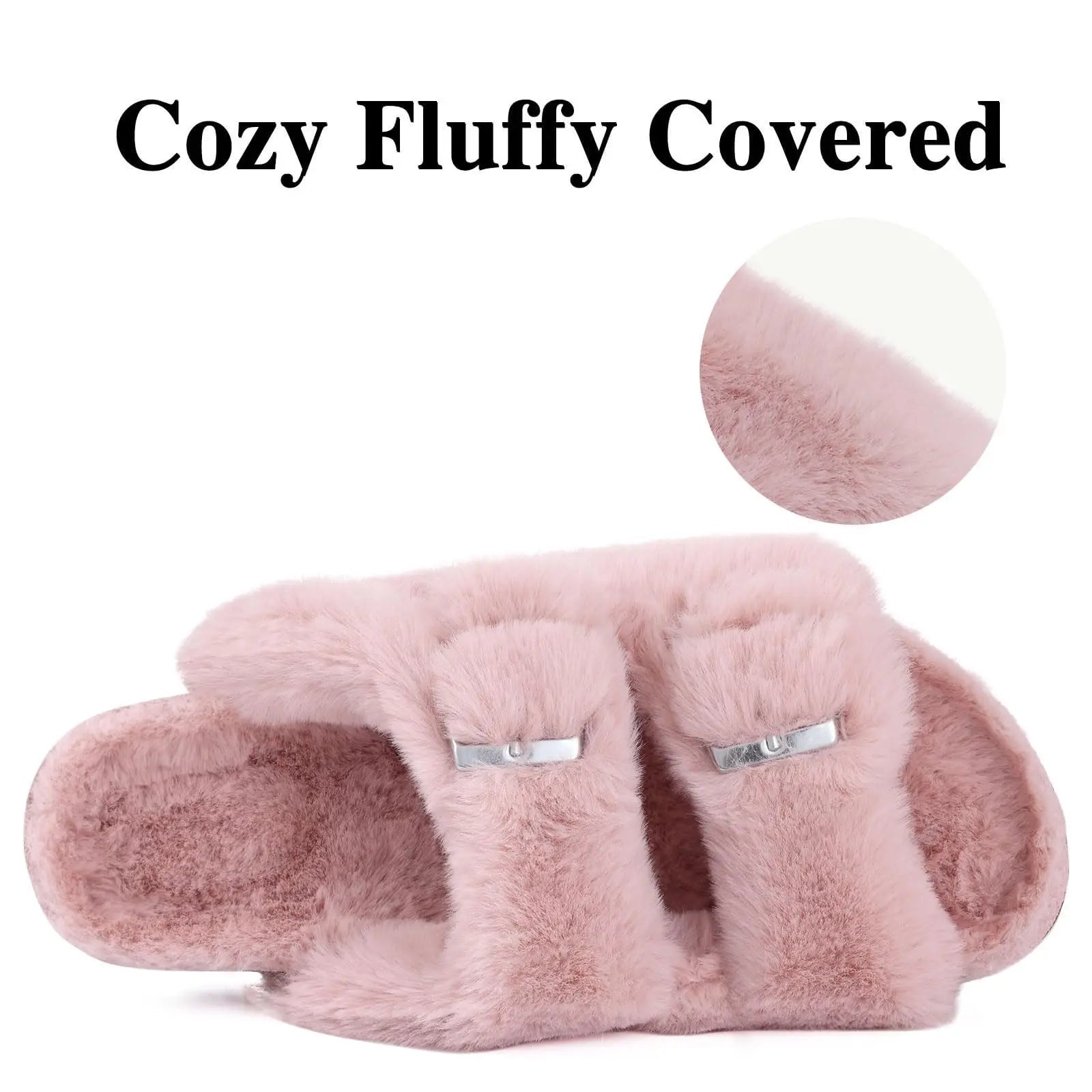 Litfun Winter Women's Fluffy Cork Slippers Comfy Arch Support Fuzzy Slippers Open Toe Plush House Slides With Adjustable Buckle
