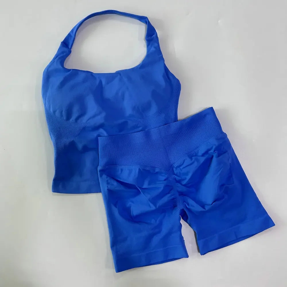 2 Pieces Sports Set Women Backless Halter Tops High Waist Seamless Hight Stretch Shorts Gym Suit Sportswear Workout Sets