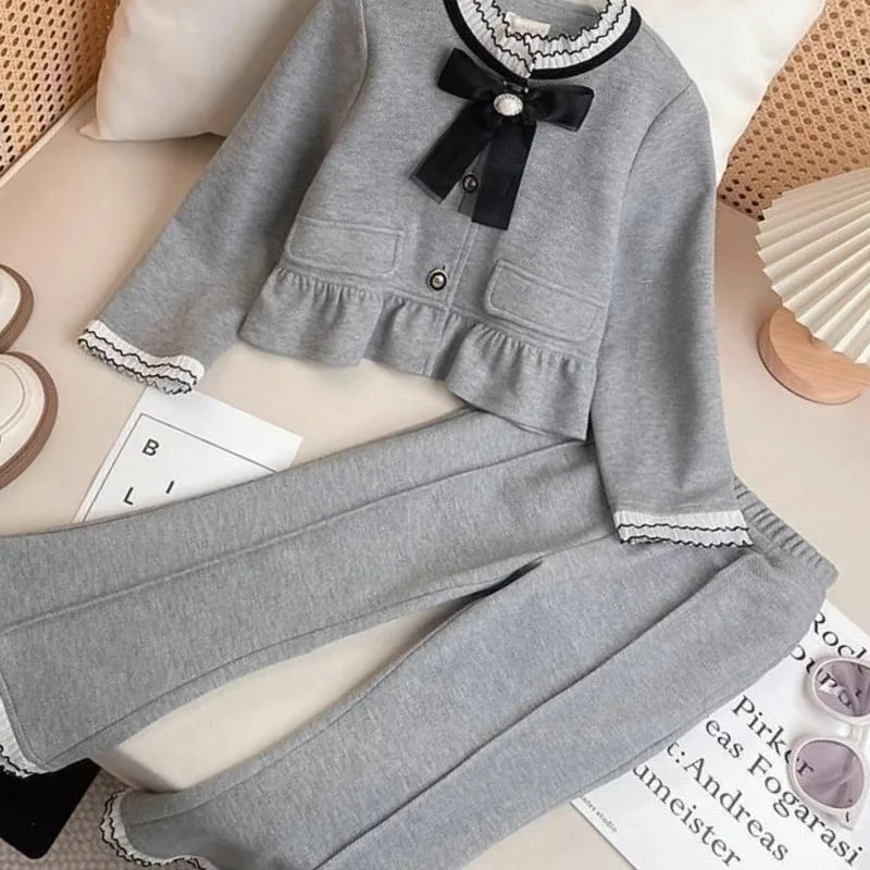 Bow Top and Bell-bottom Pants Coat Autumn Winter Suit for Girls Girls' Clothes Set Fashion Children's Clothing Girl Setup Outfit