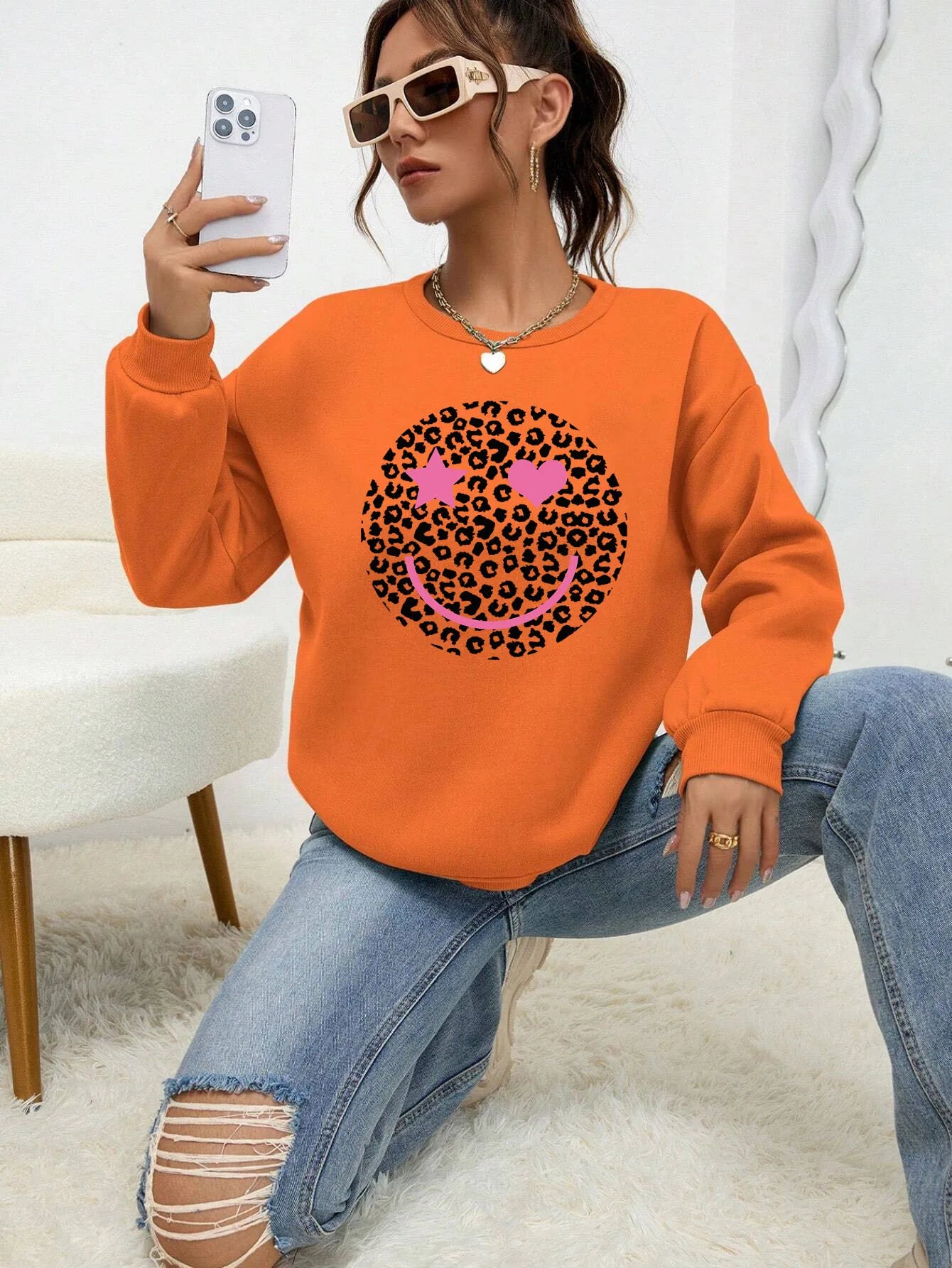 Leopard Print Happy Face Love  Printed Sweatshirt Womens Autumn Soft Hoody Fleece Warm Hoodies Street All-Match Female Pullover